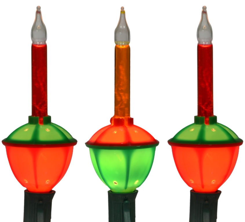 Red, green and orange bubble lights on a green wire.