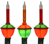Red, green and orange bubble lights on a green wire.