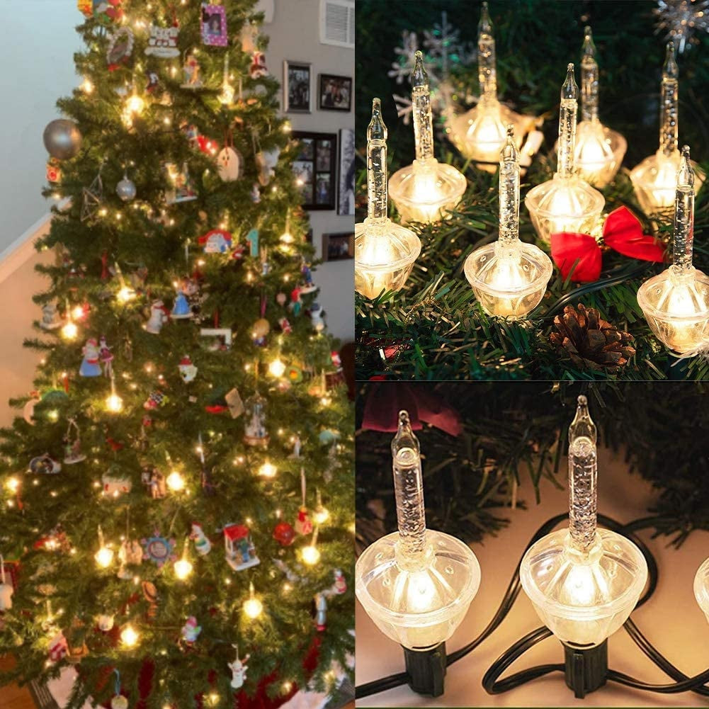 A compilation image showing clear and pure white bubble lights hanging from a decorated Christmas tree.