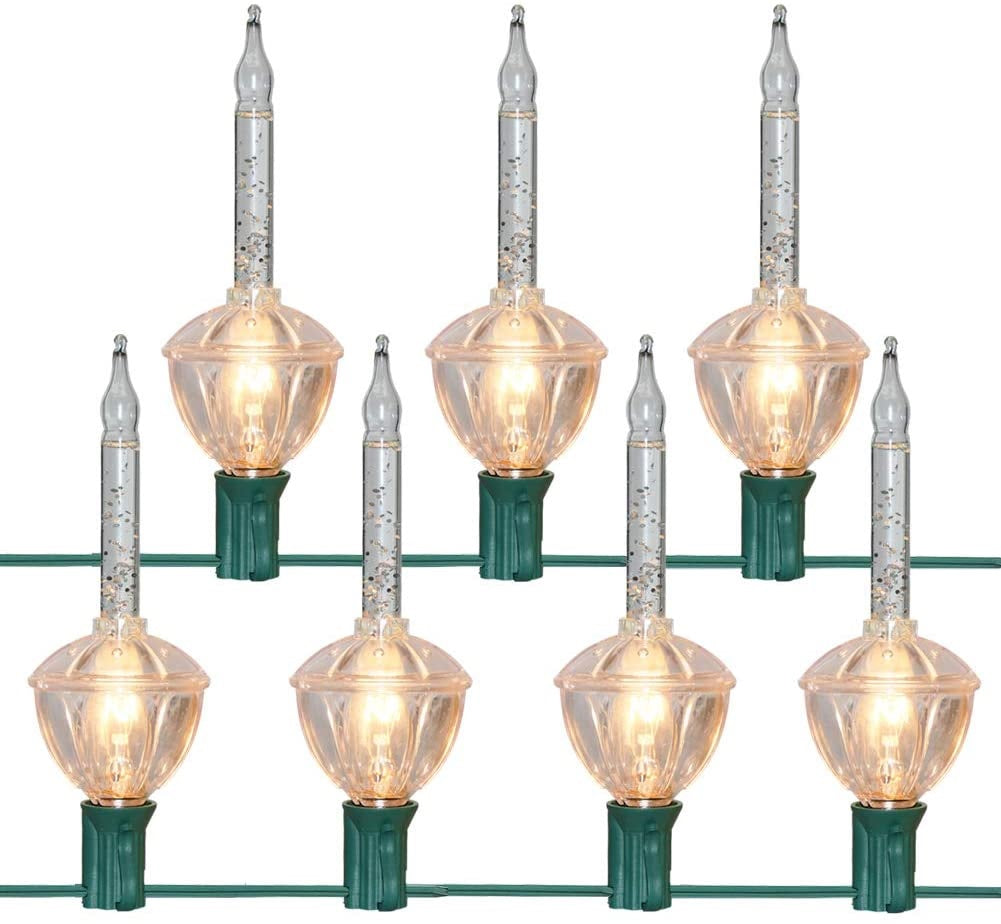Clear and pure white bubble lights on a green wire.
