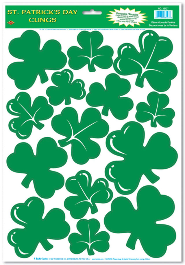 Window clings shaped like shamrocks.
