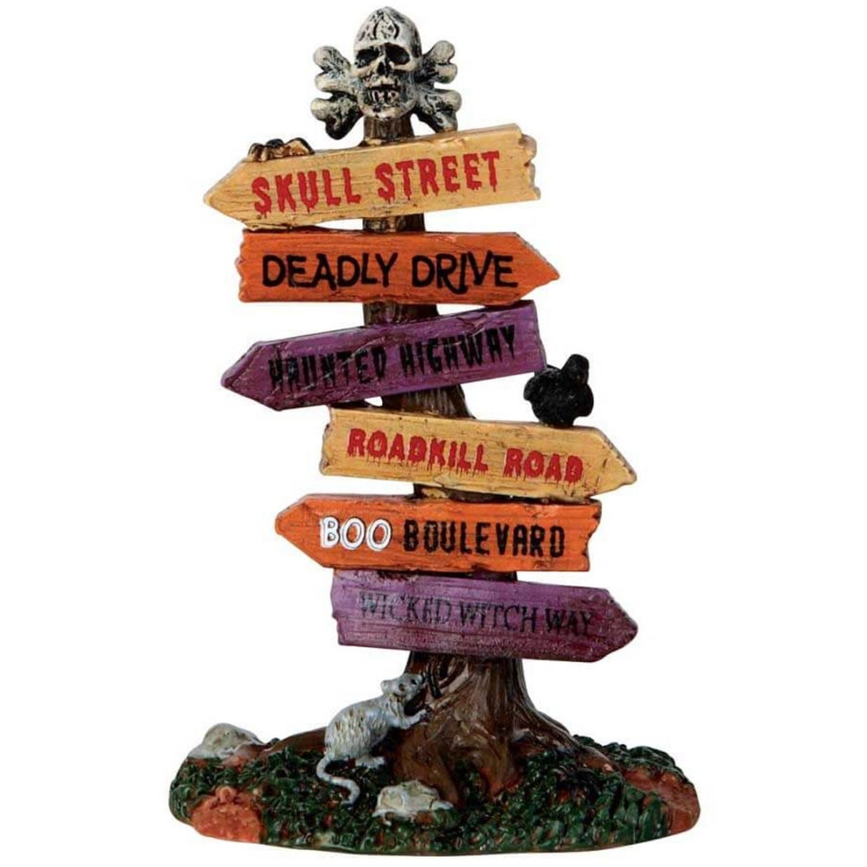 Polyresin figure for a Lemax display. Designed to look like a roadway sign with arrows pointing in different directions. There's a skull and cross bones on top. The signs read Skull Street, Deadly Drive, Haunted Highway, Roadkill Road, Boo Boulevard and Wicked Witch Way. There are a couple rats at the base.