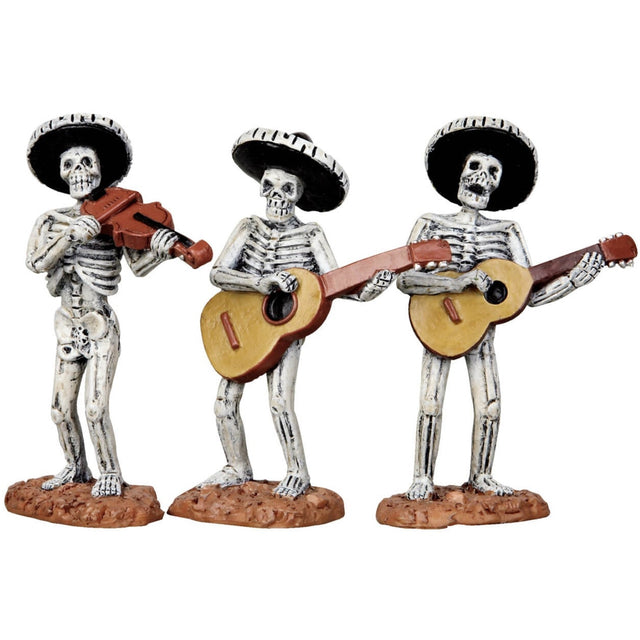 Polyresin figurines for a Lemax Spooky Town display. Designed to look like three skeletons in a mariachi band. 