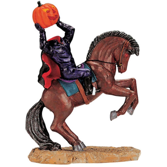Polyresin figurine for a Lemax Spooky Town display. Designed to look like the Headless Horseman. The horse is brown with red eyes. The "head" of the man is a jack-o-lantern. The man is wearing a purple leather suit and a black cape with red inside.