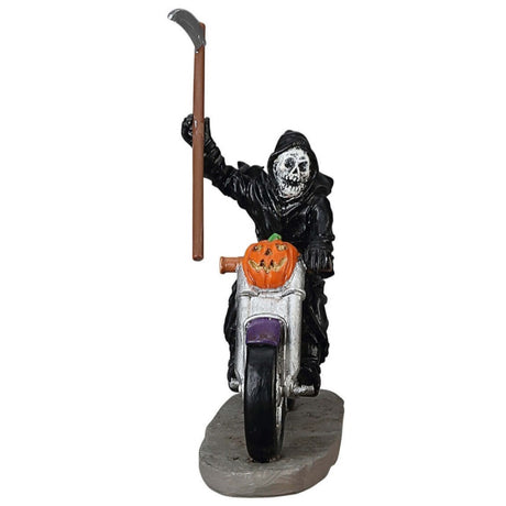 Polyresin figurine for a Lemax display. Designed to look like the Grim Reaper riding a purple motorcycle. There's a pumpkin on the front of the motorcycle. The Grim Reaper is holding a scythe.