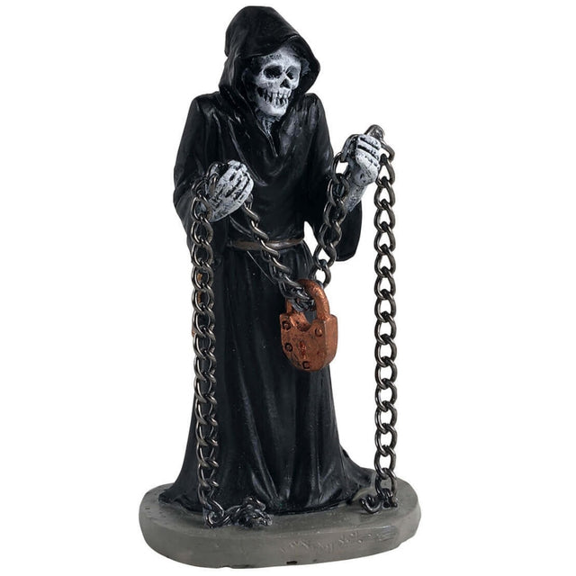 Polyresin figurine for a Lemax Spooky Town display. Designed to look like a grim reaper wearing an oversized black robe and holding chains.