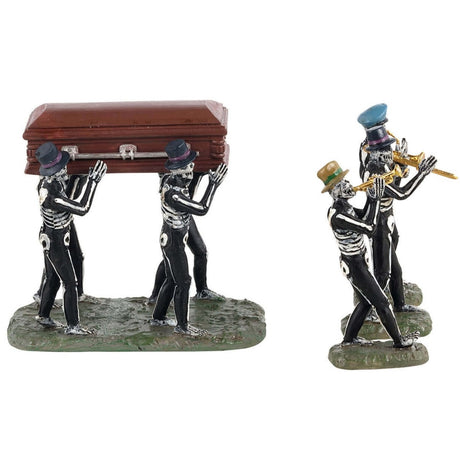 Polyresin figurines for a Lemax Spooky Town display. There are four skeletons holding up a coffin. There are three skeletons playing instruments. Each skeleton is wearing a hat.