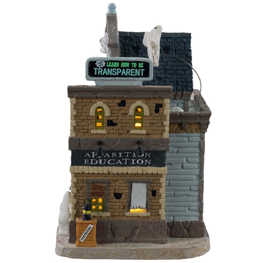 Porcelain lighted building for a Lemax Spooky Town display. Designed to look like a school with different ghosts throughout. Some of the ghosts are reading on the roof. There's a newspaper box on the sidewalk.