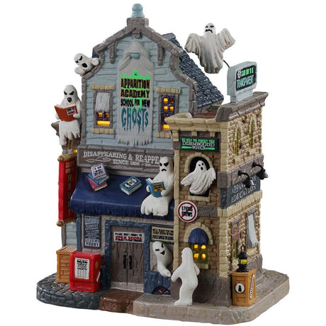 Porcelain lighted building for a Lemax Spooky Town display. Designed to look like a school with different ghosts throughout. Some of the ghosts are reading on the roof. There's a newspaper box on the sidewalk.