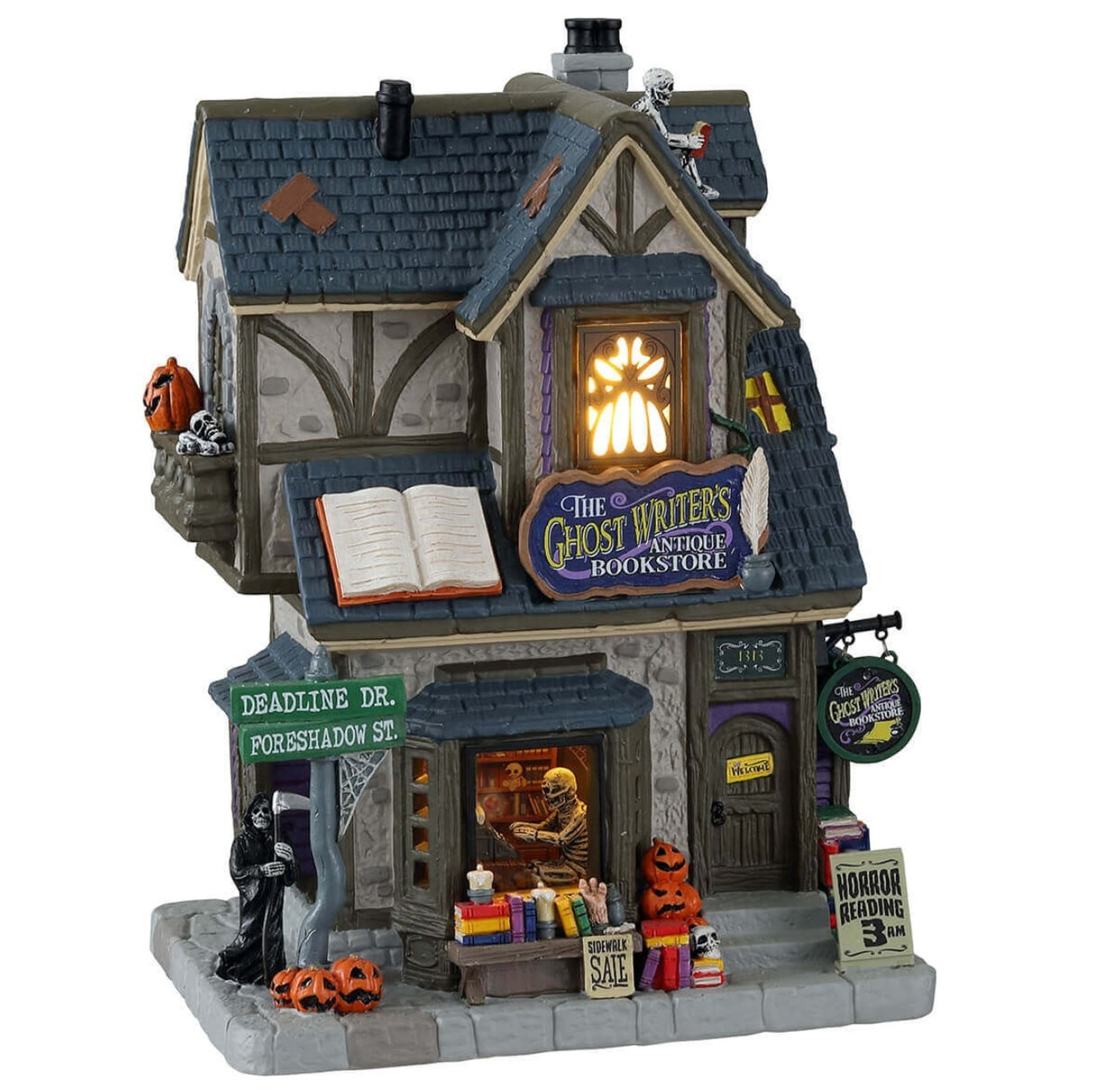 Porcelain lighted building for a Lemax display. Designed to look like a house that's been turned into a bookstore. There are skeletons reading, a Grim Reaper on the sidewalk and a shelf of books for sale outside. 