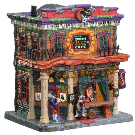 Porcelain lighted building for a Lemax display. Designed to look like a large New Orleans-style jazz cafe. There's lime green ooze leaking from the roof and windows. The border at the top of the building is designed to look like piano keys. There are skeletons at the bar.