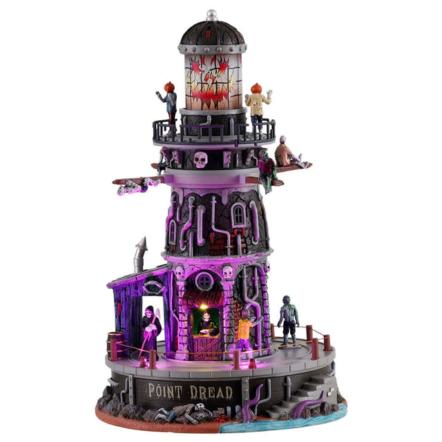 Polyresin building for a Lemax display. Designed to look like a spooky lighthouse. There are zombies and a grim reaper and people with pumpkin heads. There are skull accents and silver pipes. There are purple tentacles reaching up the steps from out of the water.