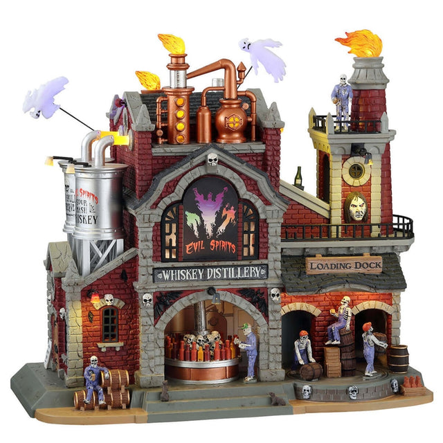 Polyresin lighted building for a Lemax Spooky Town display. Designed to look like a brick factory with gold machinery and silver barrels of whiskey. There are ghosts flying above the building and zombies on the loading dock.