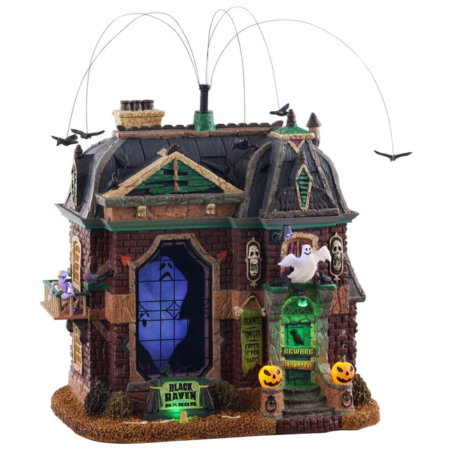 Animated polyresin building for a Lemax Spooky Town display. Designed to look like an old, dilapidated mansion with bats flying around it. There's a big ghost inside and a bunch of BEWARE signs. There are two jack-o-lanterns on the front steps.