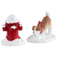 Polyresin figures for a Lemax display. Designed to look like a dog with a red collar standing in snow staring at a red, snow covered fire hydrant.