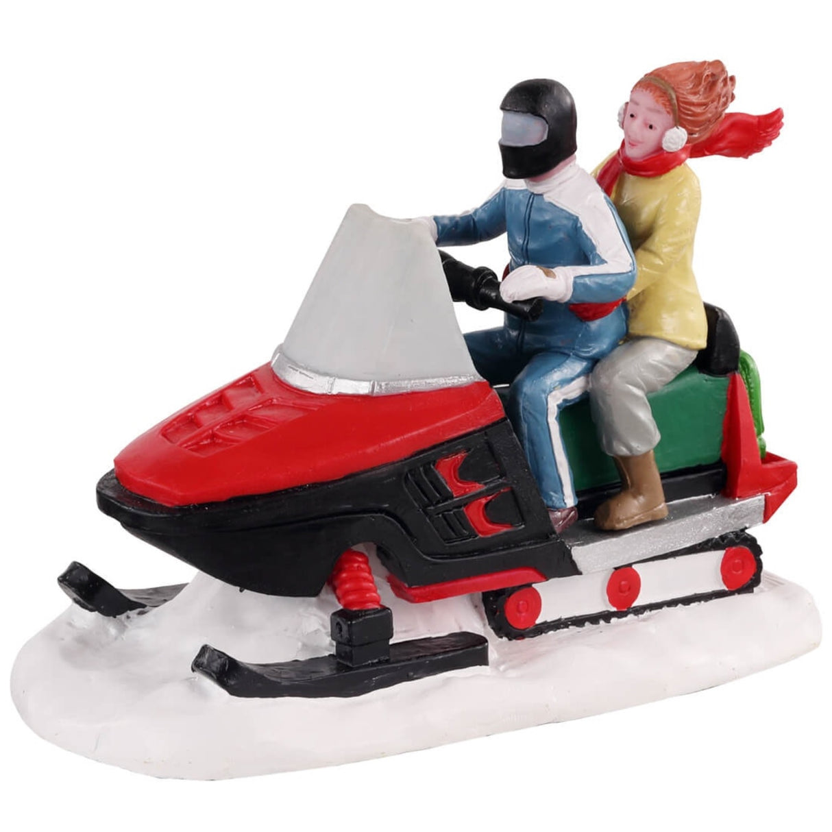 Polyresin figurine for a Lemax Village tabletop display. Designed to look like two people on a snowmobile