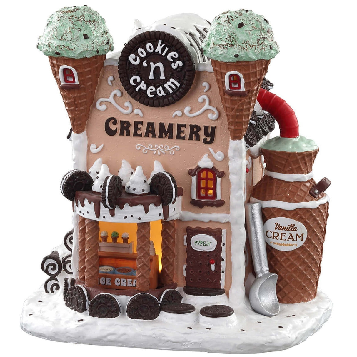 Porcelain lighted building for a Lemax Village tabletop display. Designed to look like a building made out of waffle cones, ice cream, Oreos and candy