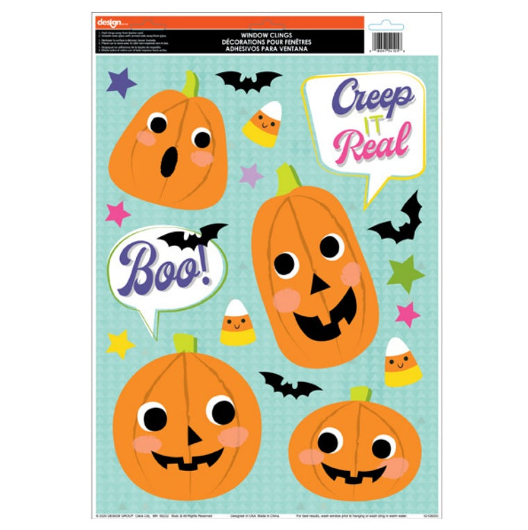 Halloween window clings. One set features bats. One set features a haunted house. One set features a witch, a cauldron, bats, the moon and crows on a branch. One set features jack-o-lanterns, tombstones, creepy hands and bats. One set features jack-o-lanterns, candy corn, stars and bats. One set features jack-o-lanterns, ghosts and a skull and crossbones. One set features cute versions of Halloween monsters. One set features jack-o-lanterns.