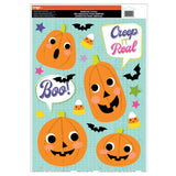 Halloween window clings. One set features bats. One set features a haunted house. One set features a witch, a cauldron, bats, the moon and crows on a branch. One set features jack-o-lanterns, tombstones, creepy hands and bats. One set features jack-o-lanterns, candy corn, stars and bats. One set features jack-o-lanterns, ghosts and a skull and crossbones. One set features cute versions of Halloween monsters. One set features jack-o-lanterns.