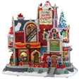 Polyresin lighted building for a Lemax Village tabletop display. A big mall decorated for Christmas with lots of people shopping