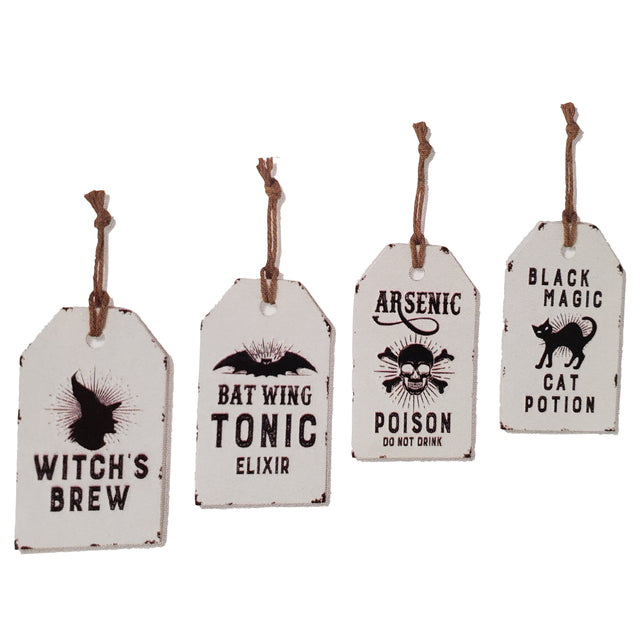 Halloween hanging decoration shaped like a gift tag. One reads "Witch's Brew." One reads "Bat Wing Tonic Elixir." One reads "Arsenic Poison. Do not drink." One reads "Black Magic Cat Potion."