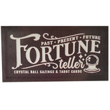 Carved Halloween signs. One reads "Past, Present, Future Fortune Teller. Crystal ball gazings and tarot cards." One reads "Merlins Magic Potions guaranteed to work." One reads "Wiches Brew Drink Co. quality potions since 1542."