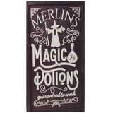 Carved Halloween signs. One reads "Past, Present, Future Fortune Teller. Crystal ball gazings and tarot cards." One reads "Merlins Magic Potions guaranteed to work." One reads "Wiches Brew Drink Co. quality potions since 1542."