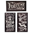 Carved Halloween signs. One reads "Past, Present, Future Fortune Teller. Crystal ball gazings and tarot cards." One reads "Merlins Magic Potions guaranteed to work." One reads "Wiches Brew Drink Co. quality potions since 1542."