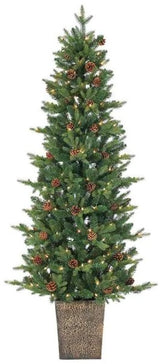 Pre-lit tree in a pot. There are also pine cone accents in the tree.