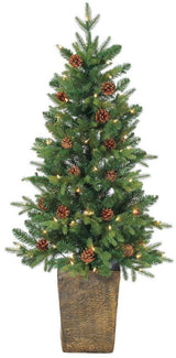 Pre-lit tree in a pot. There are also pine cone accents in the tree.