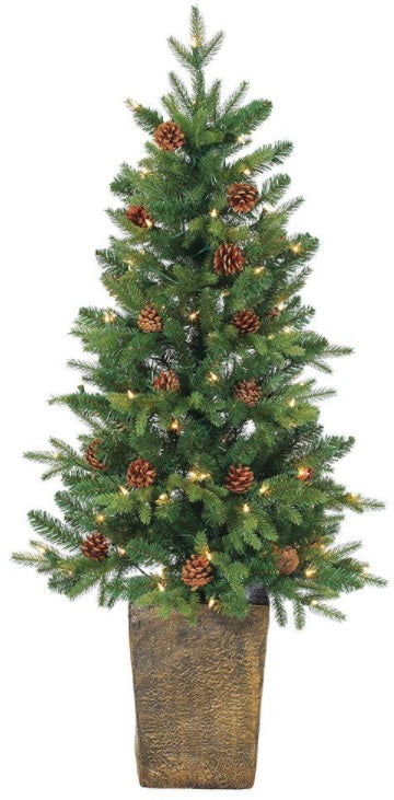 Pre-lit tree in a pot. There are also pine cone accents in the tree.