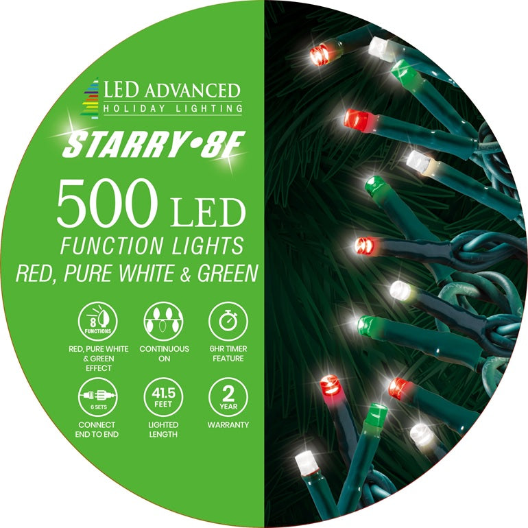 String of 500 red, pure white and green LED lights.