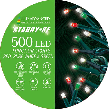 String of 500 red, pure white and green LED lights.
