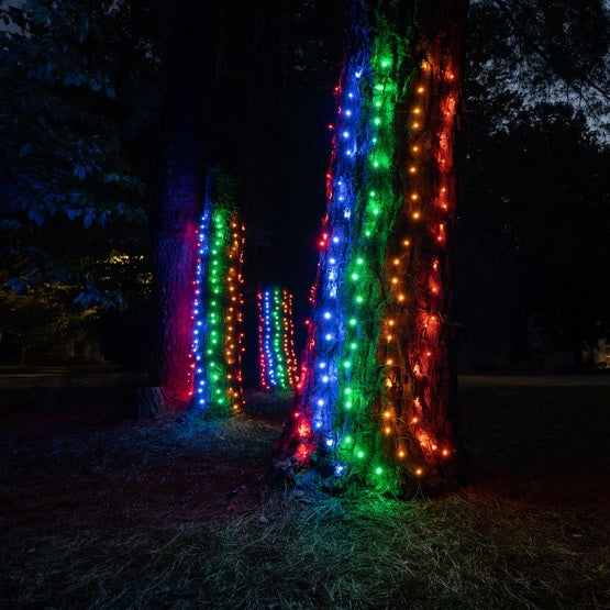 Tree trunk wrap lights. There are two color options: Multi-Colored or Warm White.