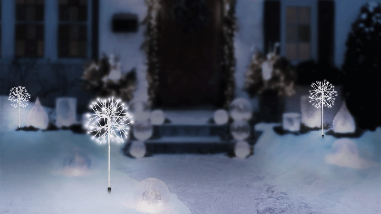 Three pure white LED snowburst decorations.