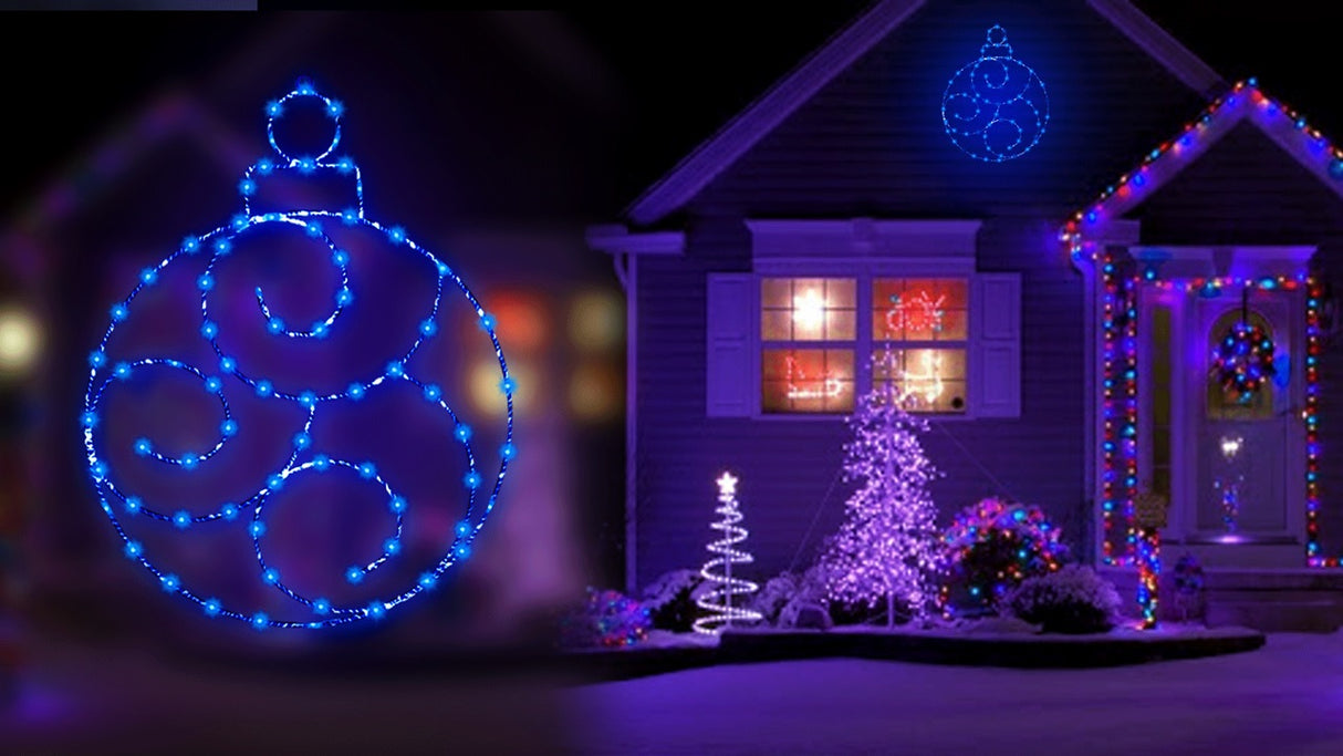 A compilation image showing the blue LED ornament decoration and a house decorated with the blue LED ornament decoration.