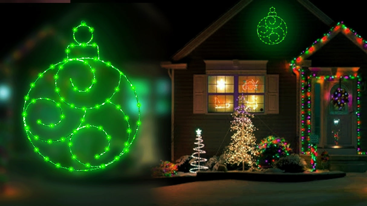 A compilation image showing the green LED ornament decoration and a house decorated with the green LED ornament decoration.