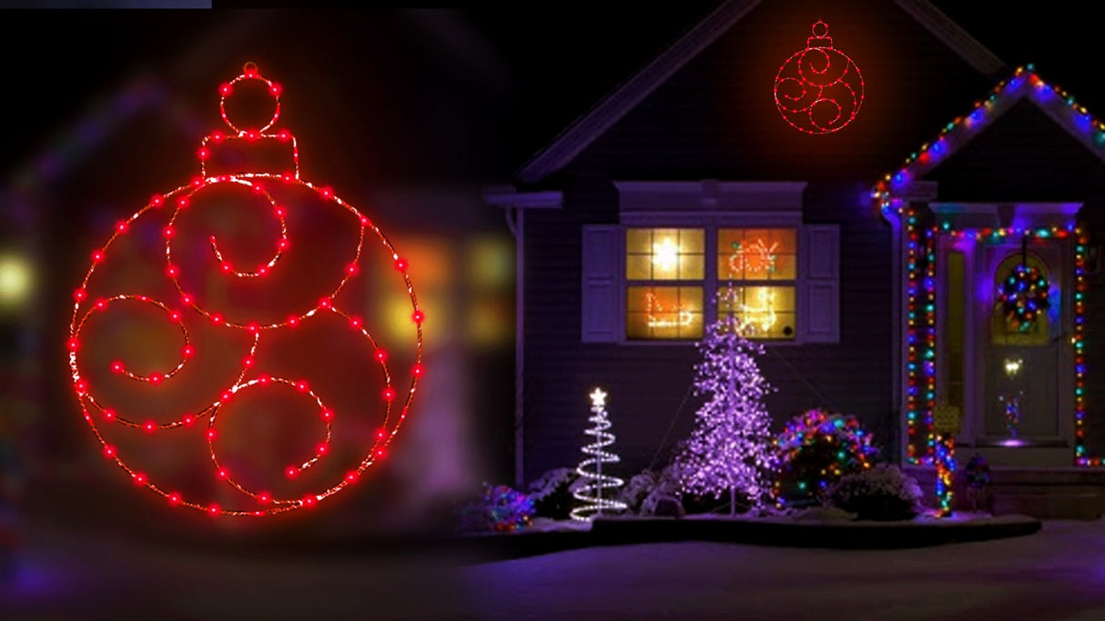 A compilation image of the red LED ornament decoration and a house with the red LED ornament on it.