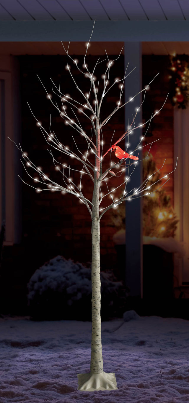 Fake birch tree with pure white LED lights and a red LED cardinal.