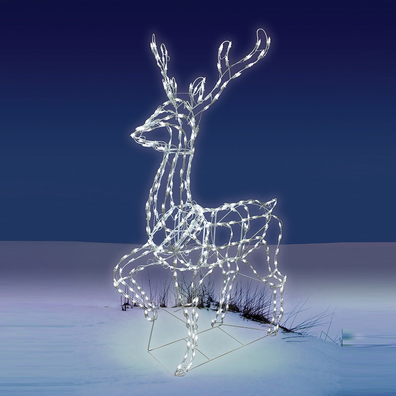 LED winter decoration pre-lit with pure white lights. Wire is shaped to look like a standing deer.