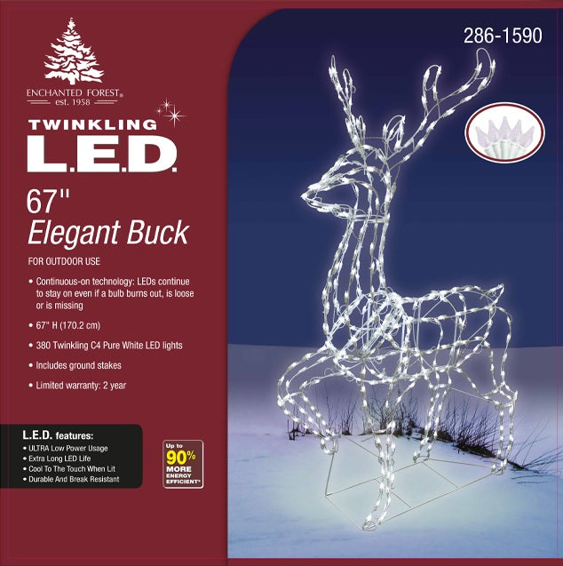 LED winter decoration pre-lit with pure white lights. Wire is shaped to look like a standing deer.