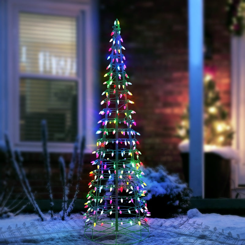 LED Christmas decoration pre-lit with multi-colored lights. Wire is shaped like a cone tree. Measures 6 ft. tall.