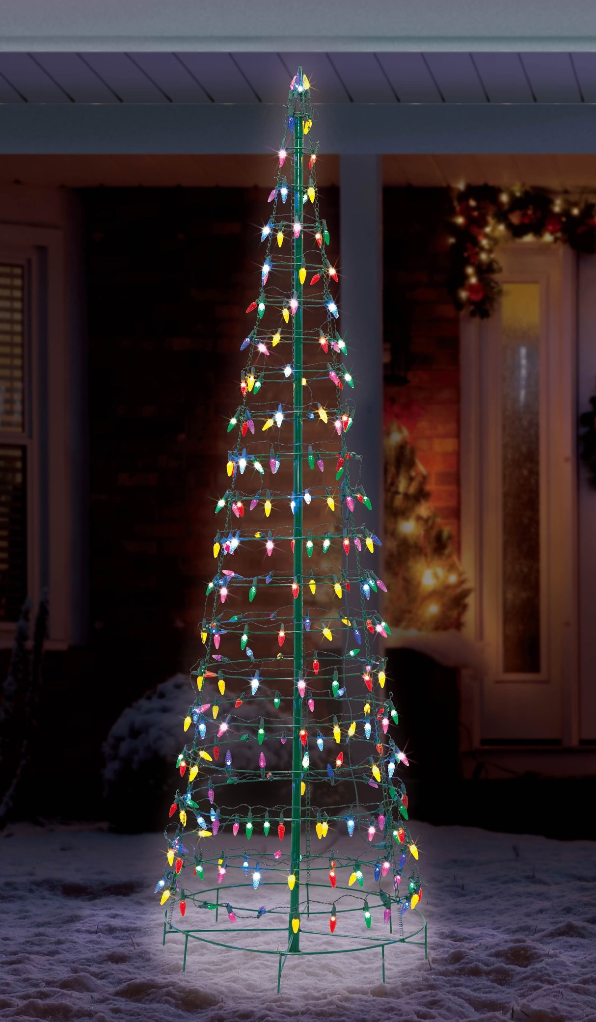 LED Christmas decoration pre-lit with multi-colored lights. Wire is shaped like a cone tree. Measures 6 ft. tall.