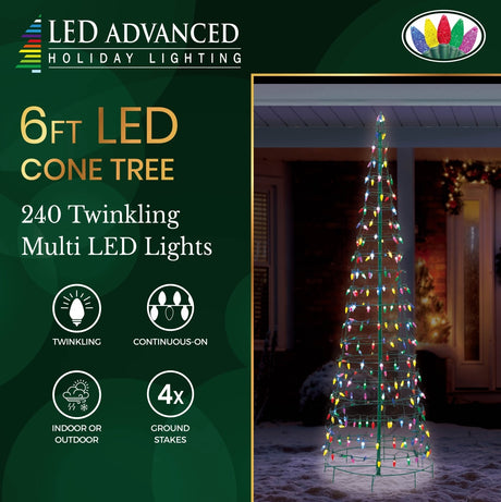 LED Christmas decoration pre-lit with multi-colored lights. Wire is shaped like a cone tree. Measures 6 ft. tall.