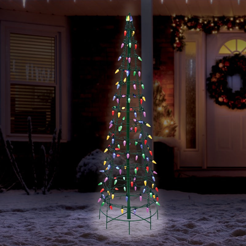 LED Christmas decoration pre-lit with multi-colored lights. Wire is shaped like a cone tree. Measures 4 ft. tall.