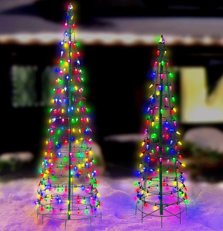 LED Christmas decorations pre-lit with multi-colored lights. Wire is shaped like a cone tree. One is taller than the other.