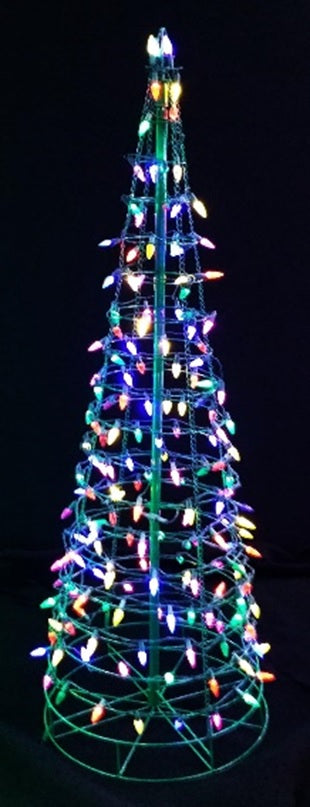 LED Christmas decoration pre-lit with multi-colored lights. Wire is shaped like a cone tree. Measures 6 ft. tall.