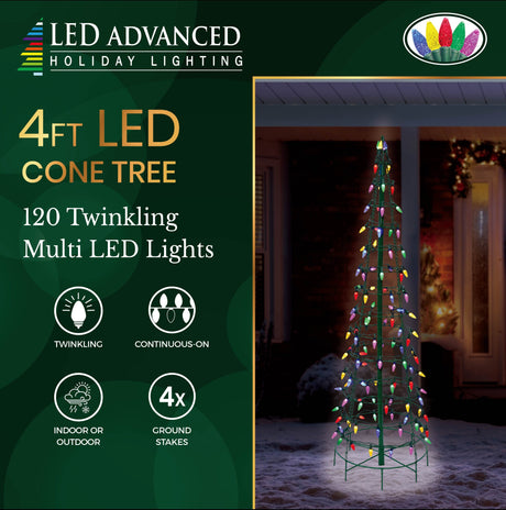 LED Christmas decoration pre-lit with multi-colored lights. Wire is shaped like a cone tree. Measures 4 ft. tall.