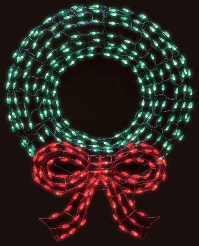 LED wreath wire decoration. Pre-lit with green and red lights.