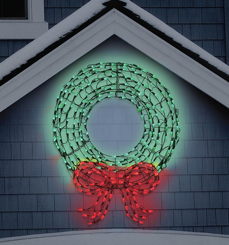 LED wreath wire decoration. Pre-lit with green and red lights.